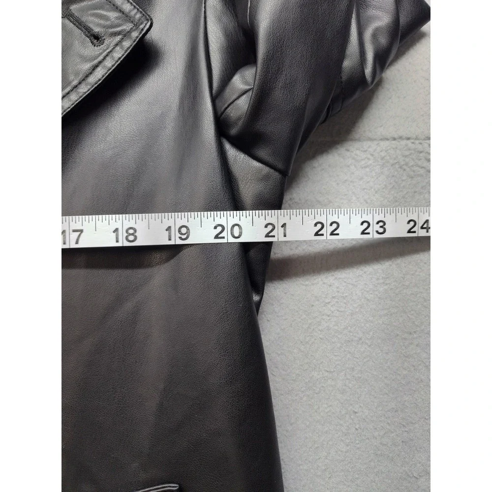 Zara Womens Faux Leather Double Breasted Trench Coat Black XS Longline Belted